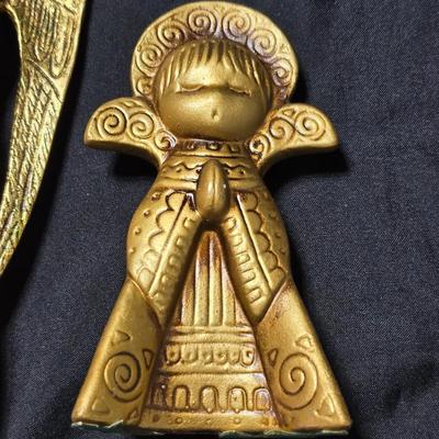 Three gold toned ceramic Praying angels mid-century Christmas decor.