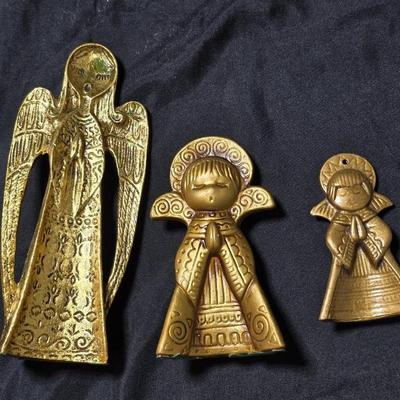Three gold toned ceramic Praying angels mid-century Christmas decor.