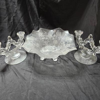 Cambridge "Wildflower" console or centerpiece bowl with A pair of two-light "Keyhole" candlesticks