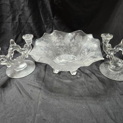 Cambridge "Wildflower" console or centerpiece bowl with A pair of two-light "Keyhole" candlesticks