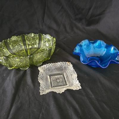 Vintage glassware - Fenton green Daisey & Button relish dish - Federal glass bon bon dish & a Colony glass ruffled bowl