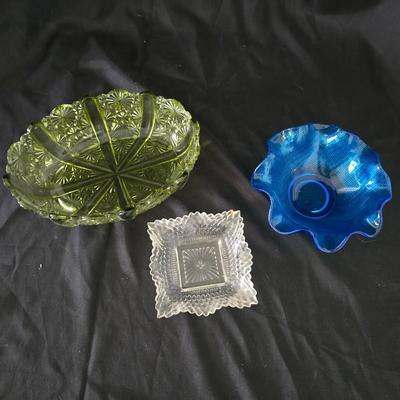 Vintage glassware - Fenton green Daisey & Button relish dish - Federal glass bon bon dish & a Colony glass ruffled bowl