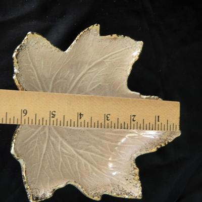 MCM California Pottery leaf dish set in an iridescent off-white/beige color with gold trim
