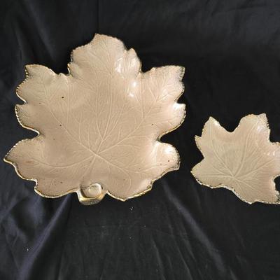 MCM California Pottery leaf dish set in an iridescent off-white/beige color with gold trim