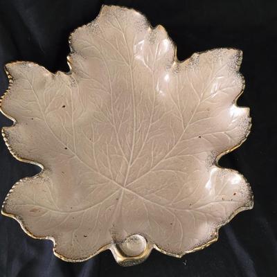 MCM California Pottery leaf dish set in an iridescent off-white/beige color with gold trim