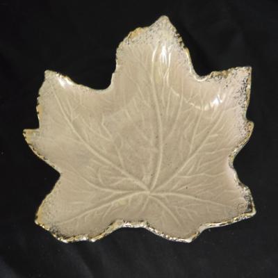 MCM California Pottery leaf dish set in an iridescent off-white/beige color with gold trim