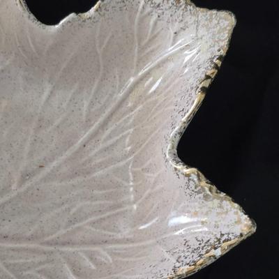 MCM California Pottery leaf dish set in an iridescent off-white/beige color with gold trim