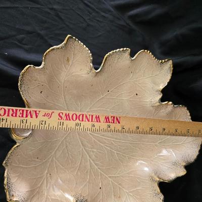 MCM California Pottery leaf dish set in an iridescent off-white/beige color with gold trim