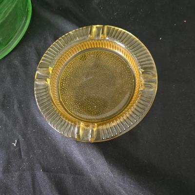 MCM Glassware - Fostoria Uranium glass Fairfax bowl with a Ashtray Gold Glass: Jeanette Marigold Flash, Mid-Century Decor