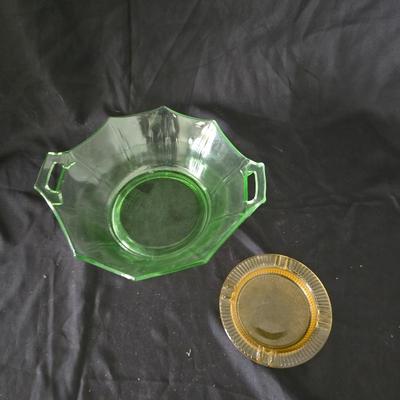 MCM Glassware - Fostoria Uranium glass Fairfax bowl with a Ashtray Gold Glass: Jeanette Marigold Flash, Mid-Century Decor