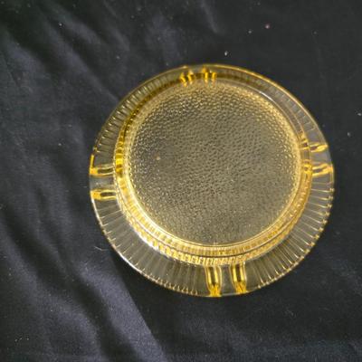 MCM Glassware - Fostoria Uranium glass Fairfax bowl with a Ashtray Gold Glass: Jeanette Marigold Flash, Mid-Century Decor