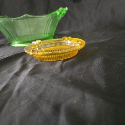 MCM Glassware - Fostoria Uranium glass Fairfax bowl with a Ashtray Gold Glass: Jeanette Marigold Flash, Mid-Century Decor