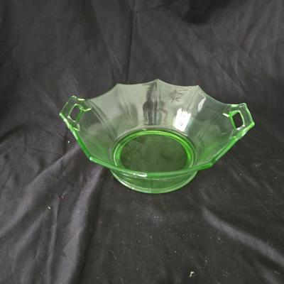 MCM Glassware - Fostoria Uranium glass Fairfax bowl with a Ashtray Gold Glass: Jeanette Marigold Flash, Mid-Century Decor