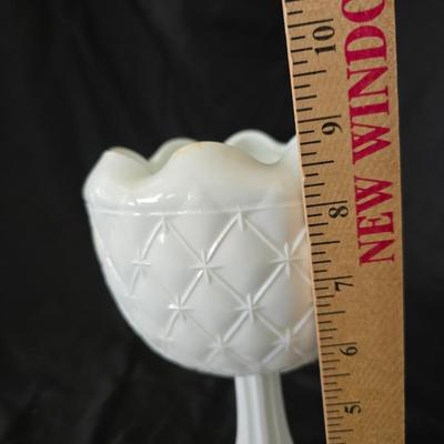 Milk glass Indiana Glass Duette Quilted Diamond compote- Avon covered candy dish with an embossed floral pattern.
