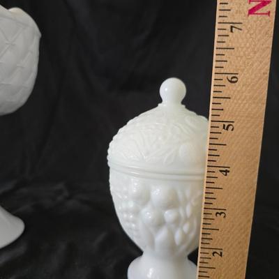 Milk glass Indiana Glass Duette Quilted Diamond compote- Avon covered candy dish with an embossed floral pattern.