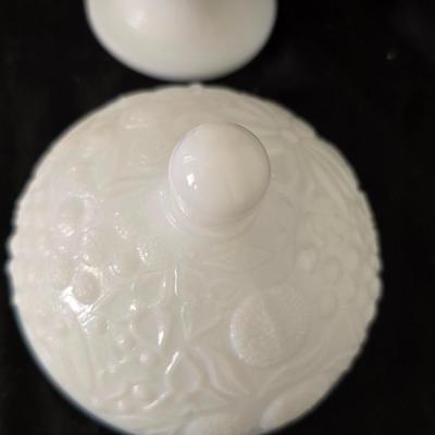 Milk glass Indiana Glass Duette Quilted Diamond compote- Avon covered candy dish with an embossed floral pattern.