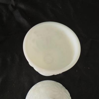 Milk glass Indiana Glass Duette Quilted Diamond compote- Avon covered candy dish with an embossed floral pattern.