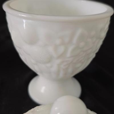 Milk glass Indiana Glass Duette Quilted Diamond compote- Avon covered candy dish with an embossed floral pattern.