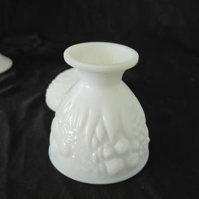 Milk glass Indiana Glass Duette Quilted Diamond compote- Avon covered candy dish with an embossed floral pattern.