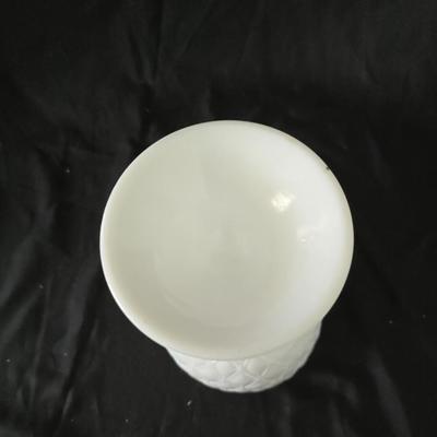 Milk glass Indiana Glass Duette Quilted Diamond compote- Avon covered candy dish with an embossed floral pattern.