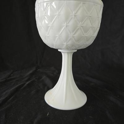 Milk glass Indiana Glass Duette Quilted Diamond compote- Avon covered candy dish with an embossed floral pattern.