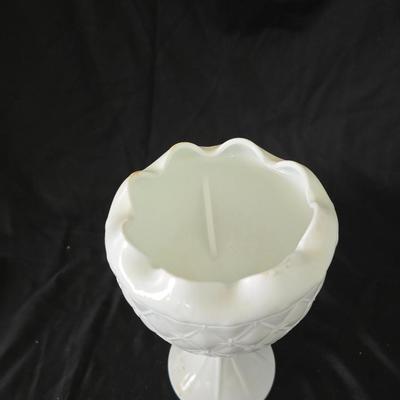 Milk glass Indiana Glass Duette Quilted Diamond compote- Avon covered candy dish with an embossed floral pattern.