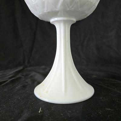 Milk glass Indiana Glass Duette Quilted Diamond compote- Avon covered candy dish with an embossed floral pattern.