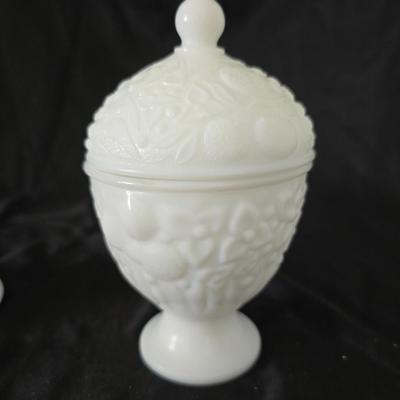 Milk glass Indiana Glass Duette Quilted Diamond compote- Avon covered candy dish with an embossed floral pattern.