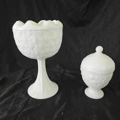 Milk glass Indiana Glass Duette Quilted Diamond compote- Avon covered candy dish with an embossed floral pattern.