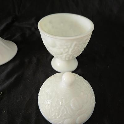 Milk glass Indiana Glass Duette Quilted Diamond compote- Avon covered candy dish with an embossed floral pattern.