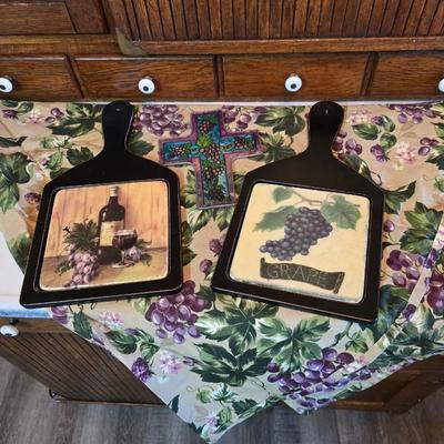 Got any grapes? Oval table cloth - two grape themed cutting boards and a stained glass grape cross