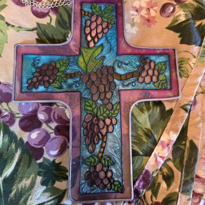 Got any grapes? Oval table cloth - two grape themed cutting boards and a stained glass grape cross