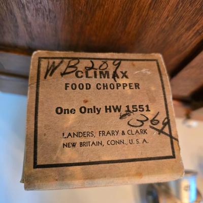 Kitchen gadgets = stainless steel spaetzle maker -Climax manual food and meat chopper and a vintage metal, box-style cheese grater