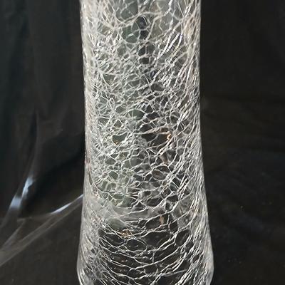 Brass grape stand with a detachable crackle glass bowl and a matching crackle glass vase.