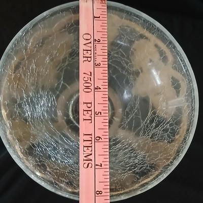 Brass grape stand with a detachable crackle glass bowl and a matching crackle glass vase.