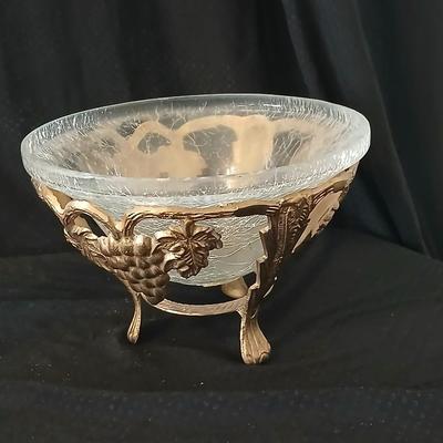 Brass grape stand with a detachable crackle glass bowl and a matching crackle glass vase.