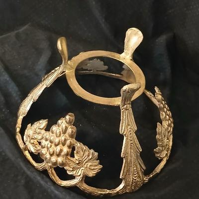 Brass grape stand with a detachable crackle glass bowl and a matching crackle glass vase.