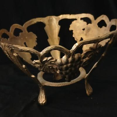 Brass grape stand with a detachable crackle glass bowl and a matching crackle glass vase.
