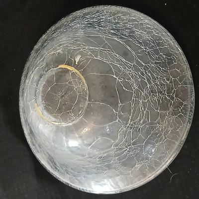 Brass grape stand with a detachable crackle glass bowl and a matching crackle glass vase.