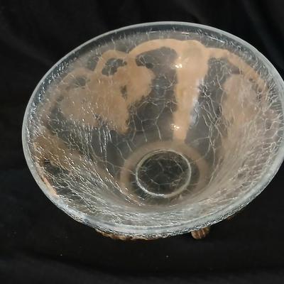 Brass grape stand with a detachable crackle glass bowl and a matching crackle glass vase.