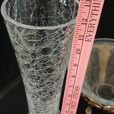 Brass grape stand with a detachable crackle glass bowl and a matching crackle glass vase.