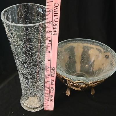 Brass grape stand with a detachable crackle glass bowl and a matching crackle glass vase.