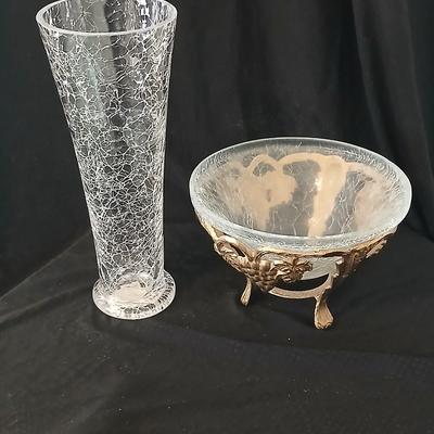 Brass grape stand with a detachable crackle glass bowl and a matching crackle glass vase.
