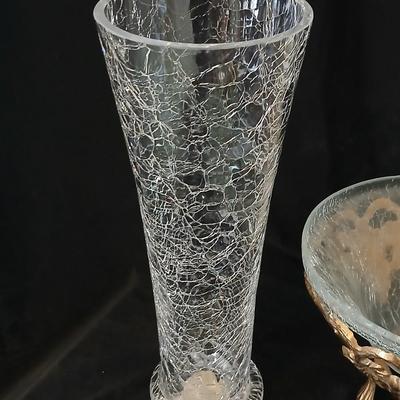 Brass grape stand with a detachable crackle glass bowl and a matching crackle glass vase.