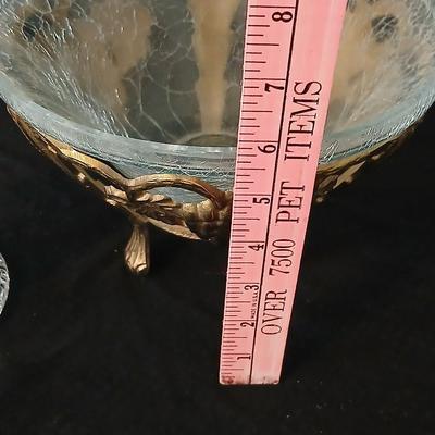 Brass grape stand with a detachable crackle glass bowl and a matching crackle glass vase.