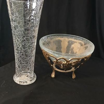 Brass grape stand with a detachable crackle glass bowl and a matching crackle glass vase.