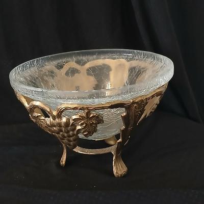 Brass grape stand with a detachable crackle glass bowl and a matching crackle glass vase.