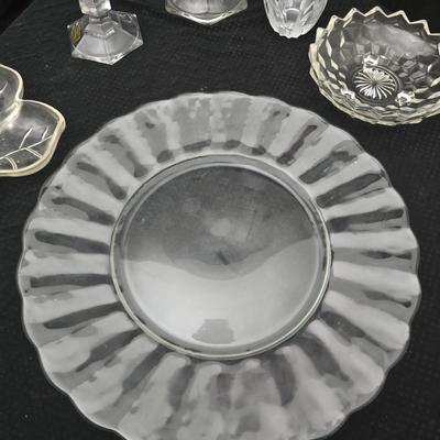 Assorted glassware - Anchor Hocking Moments serving platter - Fostoria American Clear Glass 3-Footed Bon Bon Dish and more