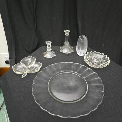 Assorted glassware - Anchor Hocking Moments serving platter - Fostoria American Clear Glass 3-Footed Bon Bon Dish and more