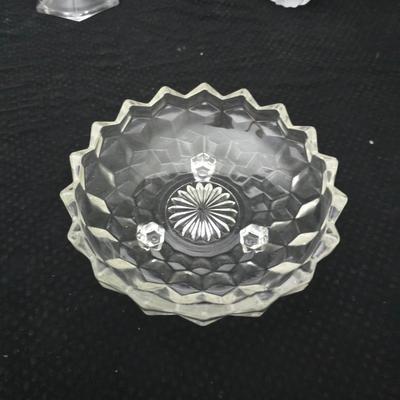 Assorted glassware - Anchor Hocking Moments serving platter - Fostoria American Clear Glass 3-Footed Bon Bon Dish and more